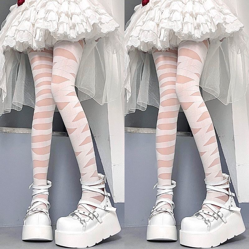 lolita交叉绑带白丝袜女夏季薄款纯欲黑丝性感朋克辣妹条纹连裤袜详情14