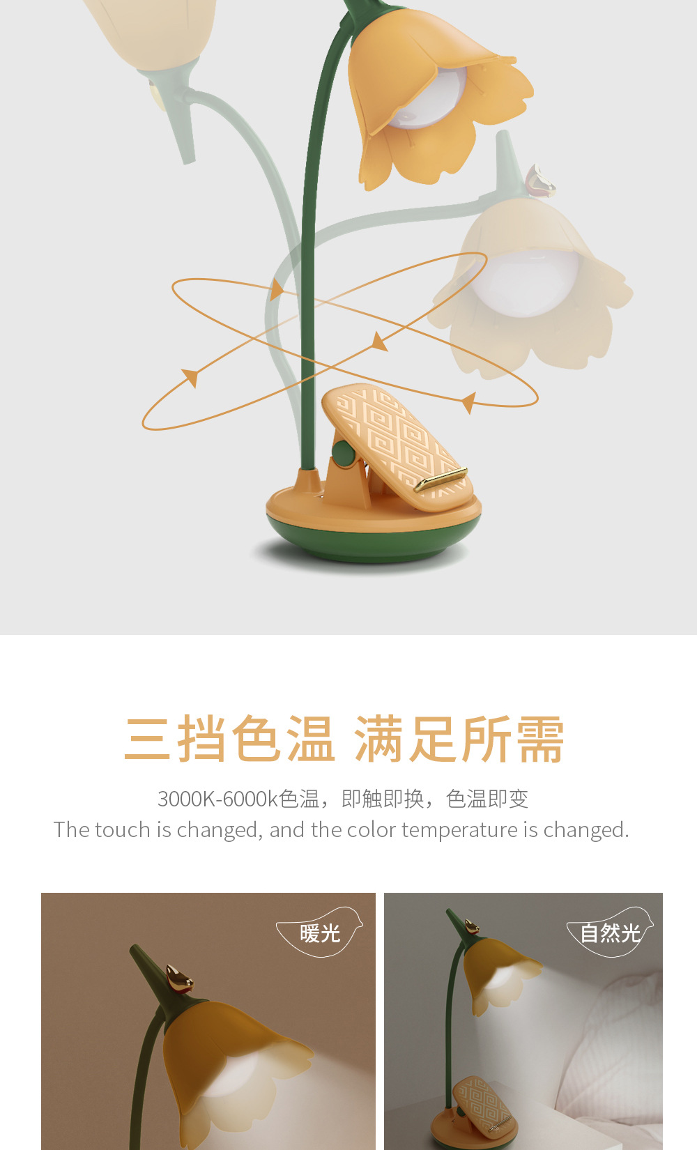创意国潮风花鸟夹子三档调光LED小台灯护眼学习宿舍USB充电小夜灯详情6