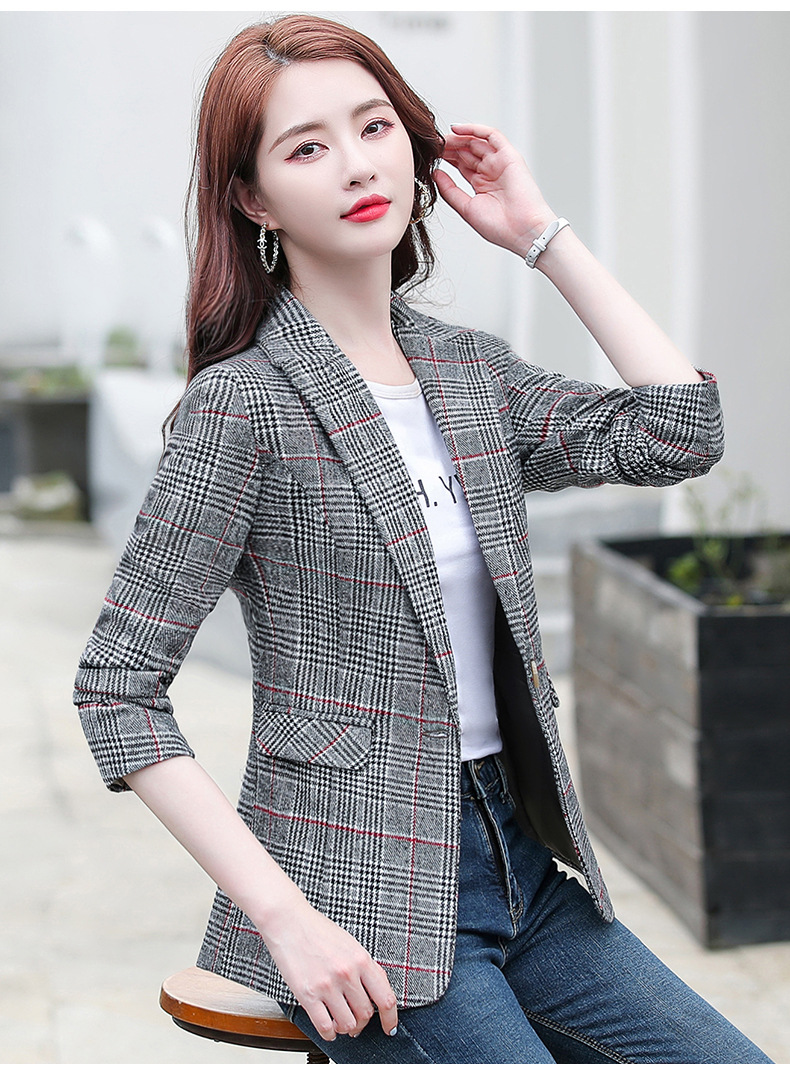实拍 小西装外套女2022年秋装新款韩版短款时尚休闲女士格子西服详情16