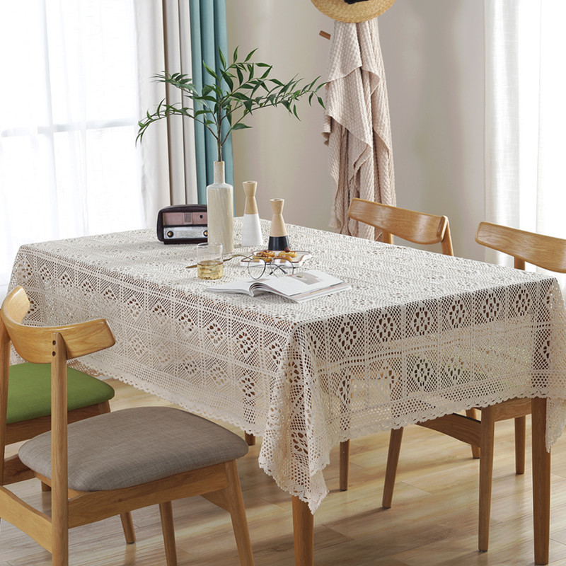 American country-style handcrafted crochet tassel tablecloth with geometric rhombus-shaped hollowed-out decorative fabric as a shooting prop pic 31