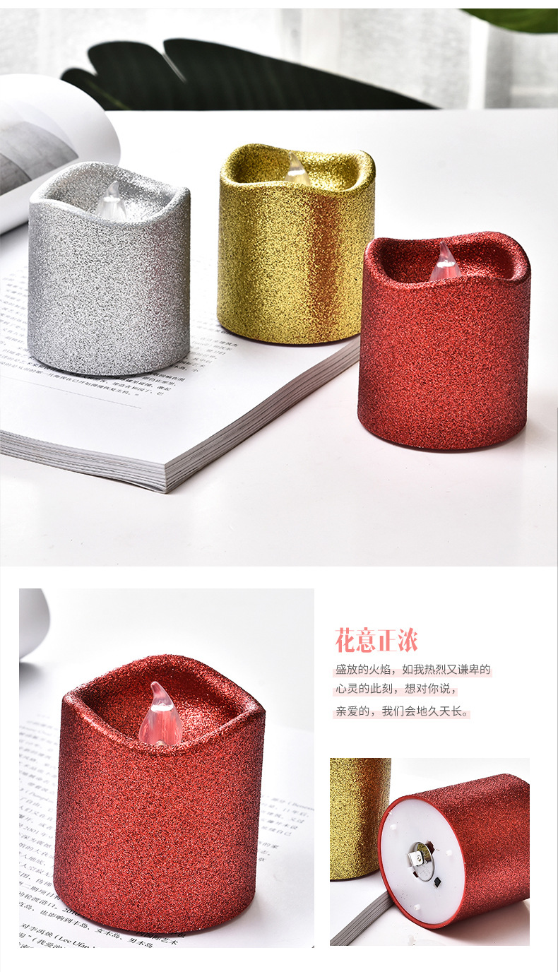 Wavy mouth powder sprinkled electronic candles, tea wax lamps sprinkled with gold powder, yellow light flashing, festival decoration, wedding candles and lamps pic 8