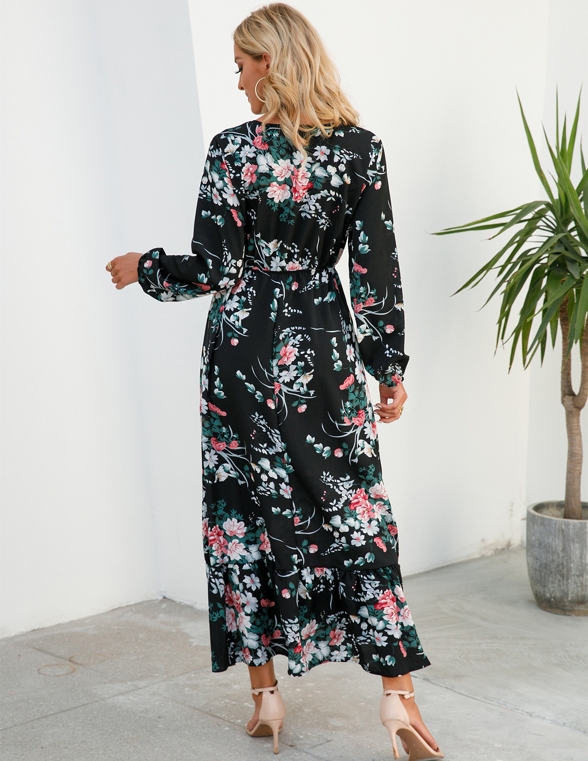 European and American floral long, round-neck, long-sleeved, waist-cinching and slimming dress pic 65
