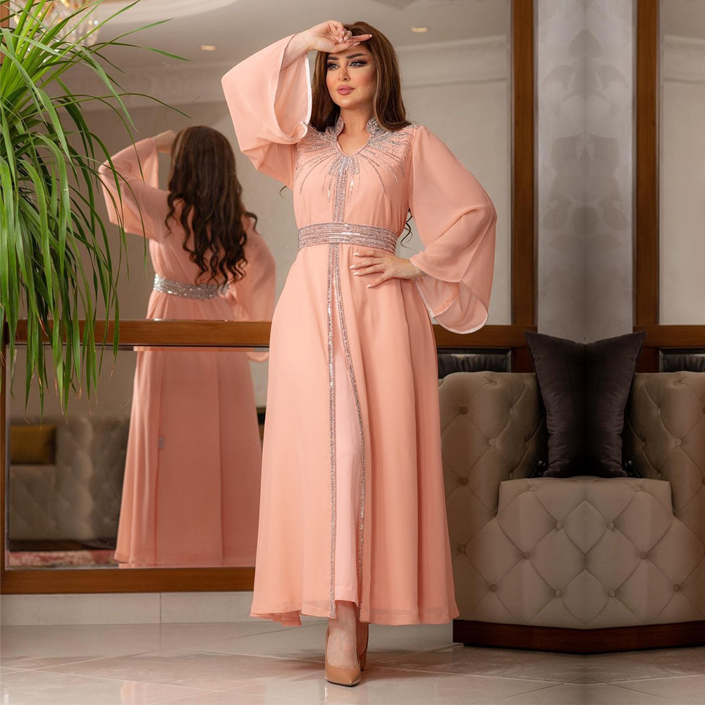 XQY500090 Foreign trade Arab robe, Middle East kaftan fashion Hot diamond belted chiffon dress pic 5