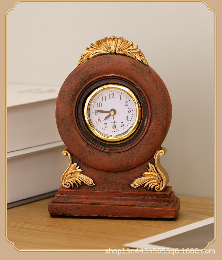 复古美式座钟造型摆件树脂工艺品书柜桌面装饰台钟艺术感时钟批发详情5