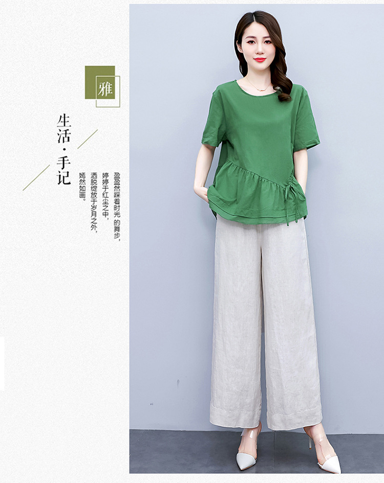 2022新款女装夏季两件套裤宽松大码上衣棉麻阔腿裤休闲时尚套装女详情16