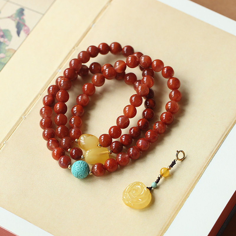 Natural three-circle flame red South red bracelet, turquoise meander beads with amber bucket beads and amber rose pendant bracelet pic 9