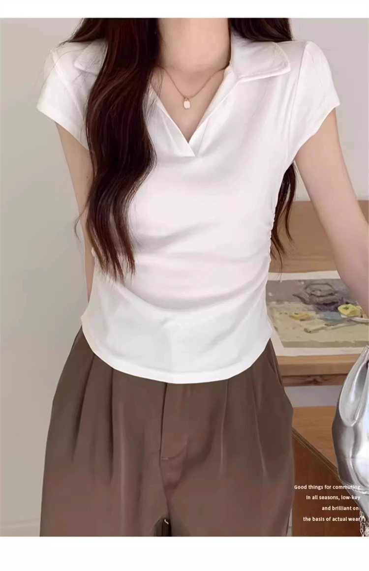 polo collar slimming and form-fitting shoulder T-shirt for women, short sleeve, pure and hot girl, short design with a cinched waist, top for summer pic 23