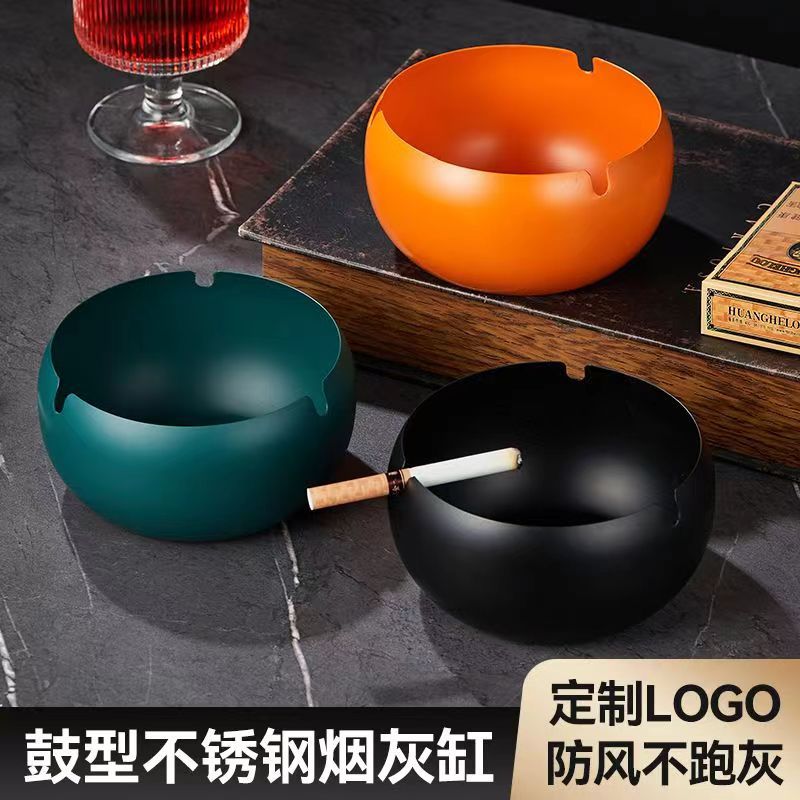 创意新款加厚不锈钢鼓型烟灰缸客厅家用餐厅酒吧烟缸可印LOGO礼品详情1