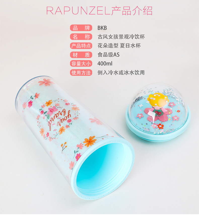 Portable water cup, internet-famous sequined double-layer summer drinking plastic ice cup, cute girl, cartoon cute double-layer for going out pic 5