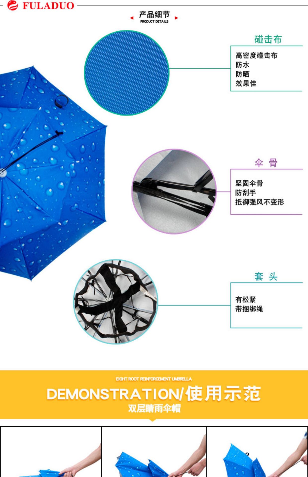 Double-layer windproof and rainproof fishing umbrella cap, head-worn umbrella, sun protection, folding overhead umbrella cap, outdoor sun protection for fishing pic 44