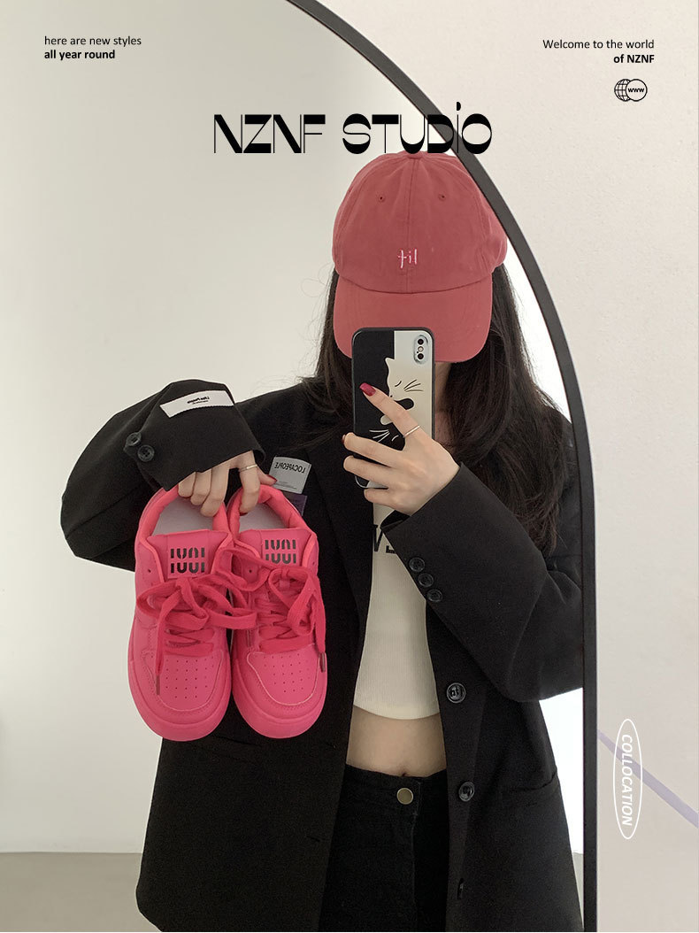 多巴胺红色厚底板鞋女2024新款miu系带小白鞋~春夏秋冬季春运动鞋详情1