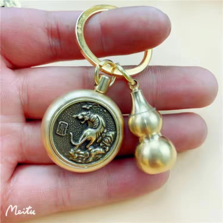 Pure copper retro 12 Chinese zodiac money transfer keychain, handcrafted brass cinnabar handle, car key chain pendant pic 8