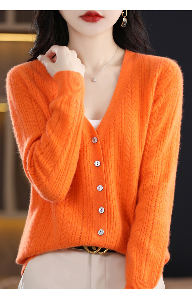 绒狼2023秋冬新款女士V领羊毛针织麻花开衫宽松长袖短款外套女详情17