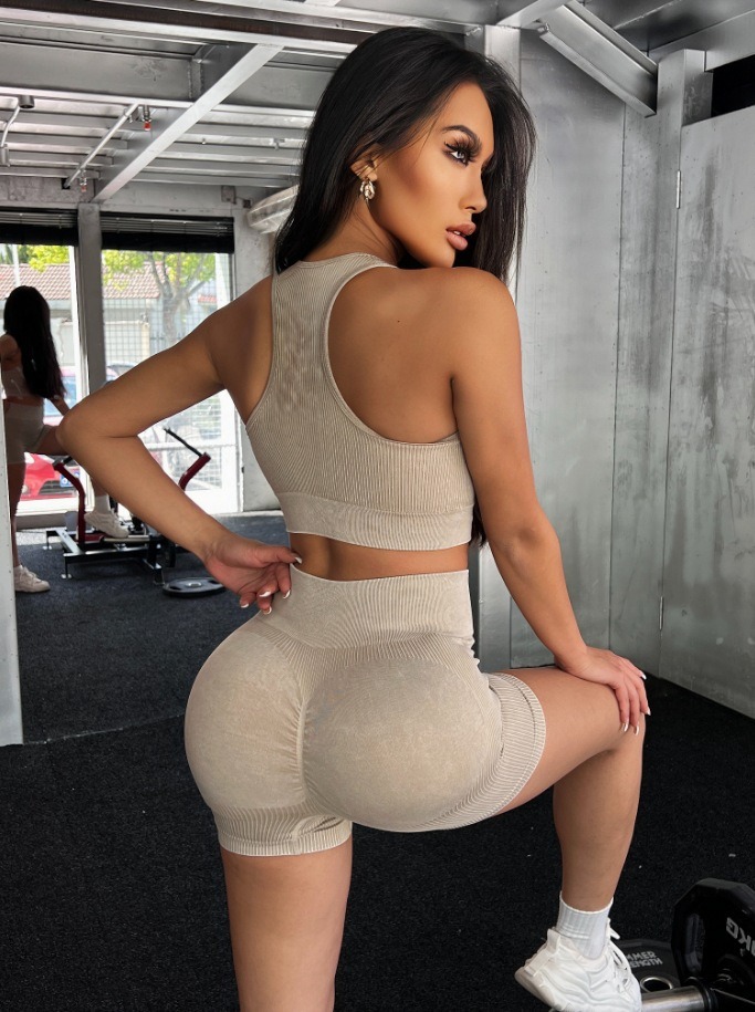 跨境显瘦运动套装女时尚修身磨砂瑜伽服文胸短裤跑步健身服定制详情12