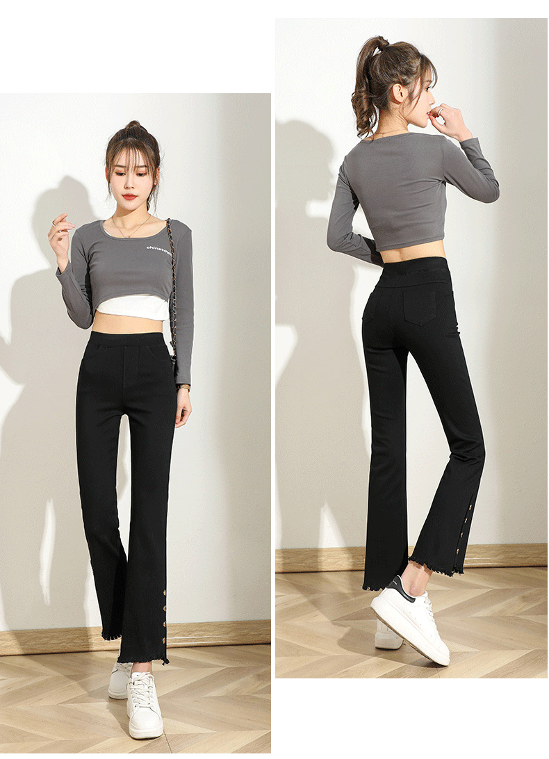 Irregular casual pants for women, thin high-waisted four-button flared pants, black slimming large-sized slit slightly flared pants pic 15
