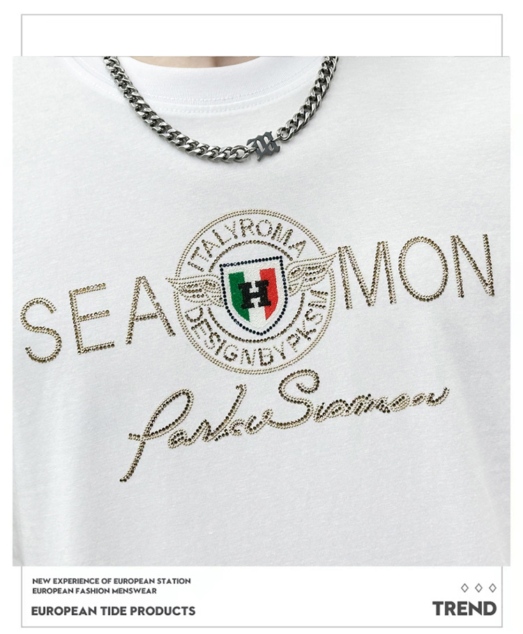 2024年夏季新款男士字母休闲时尚烫钻印花透气圆领修身短袖T恤衫详情11