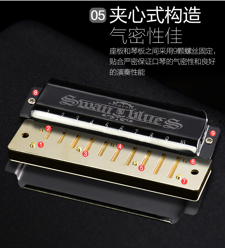 正品天鹅银色口琴10孔C调布鲁斯口琴初学演奏十孔口琴详情4