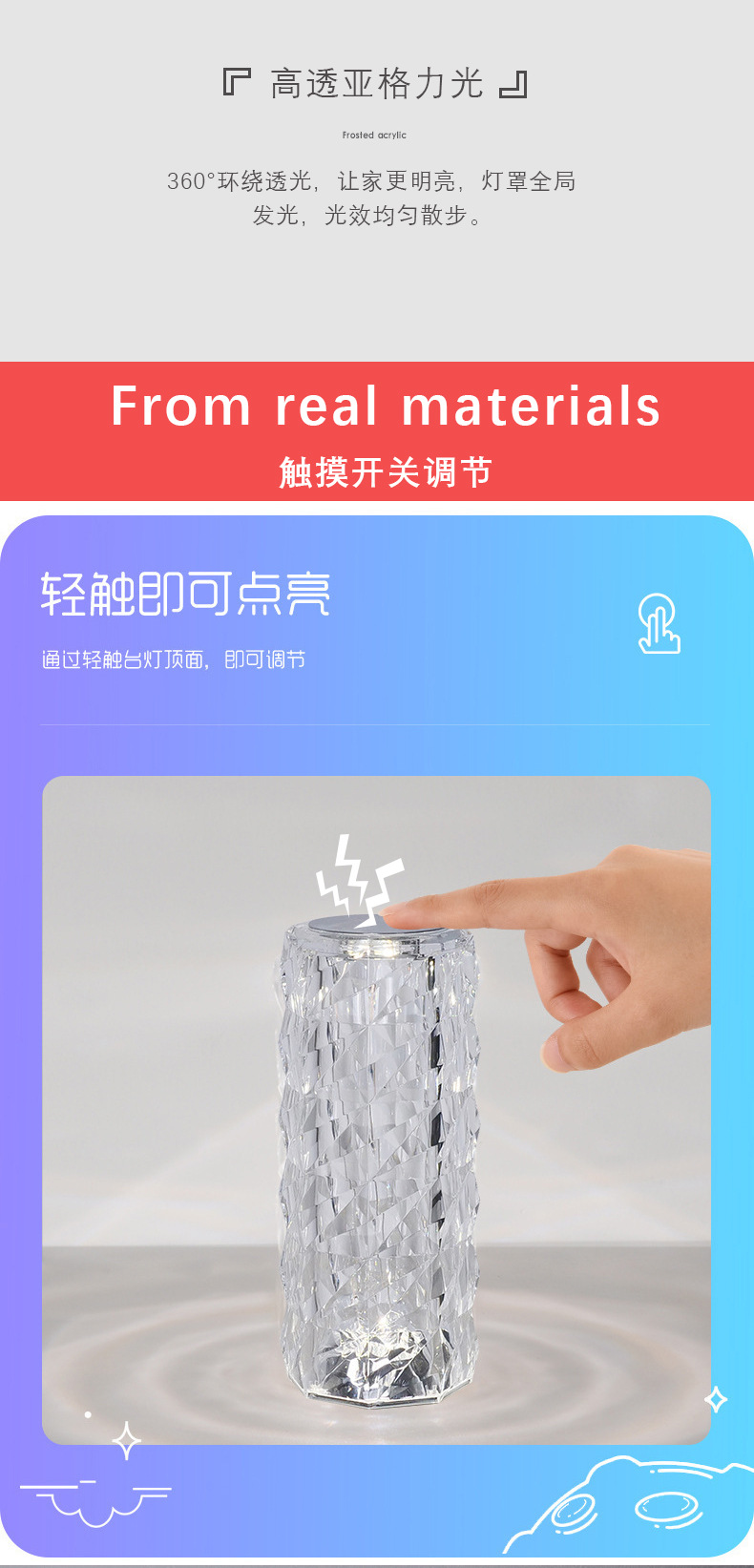 Three-color rose crystal lamp, ins diamond table lamp, bedside bedroom romantic atmosphere, night light, petal charging touch pic 13