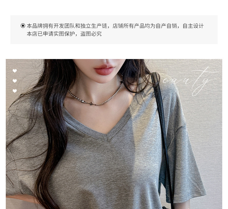 现货欧货大版型宽松基础款短袖t恤女式夏季落肩2025V领上衣莫代尔详情1