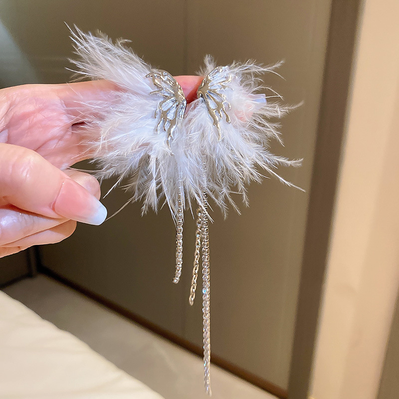 Silver needle asymmetrical feather butterfly diamond-encrusted tassel earrings, niche and unique design sense ear studs, popular long earrings pic 3