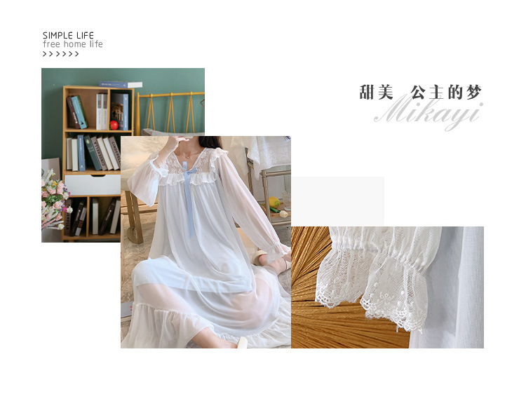 人气公主风睡裙女长袖网纱性感连衣裙长袖宫廷休闲纯棉睡衣睡裙秋详情10