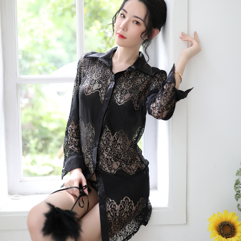 新情趣内衣性感镂空诱惑睡衣大码女透视装欧美蕾丝秘书衬衫详情6