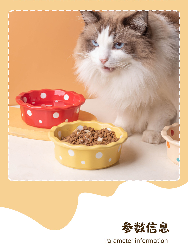 陶瓷猫碗花边波点宠物碗防黑下巴猫食盆猫粮碗小型犬泰迪宠物用品详情9