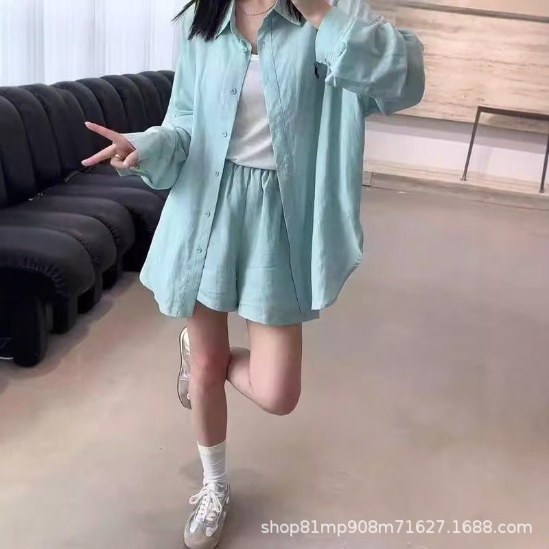 韩式气质女装2025春装新款韩版宽松防晒衬衫短裤休闲棉感两件套女详情9