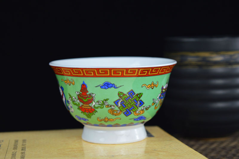 厂家供应3.6寸双龙八吉祥藏式陶瓷碗特色民族碗酥油茶碗 仿古贡碗详情10