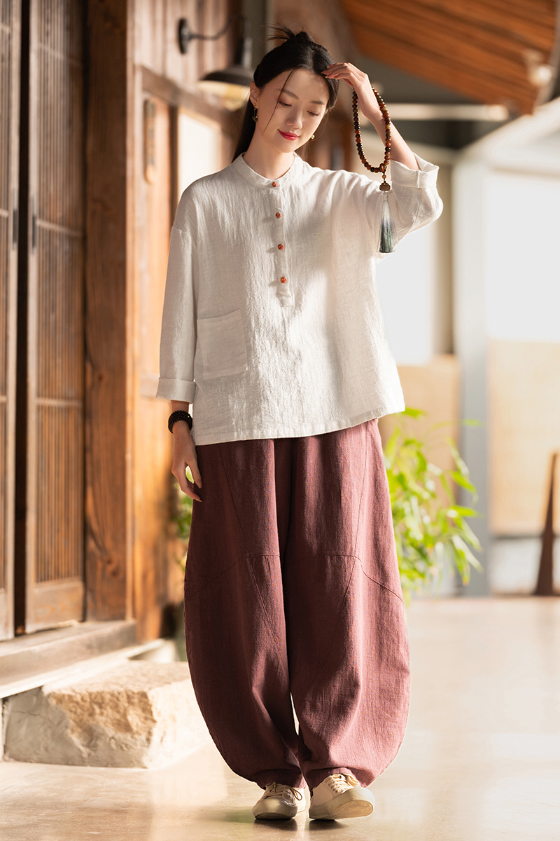 2024春夏棉麻女装新品亚麻立领拼色盘扣套头大码上衣女式棉麻衬衫详情43