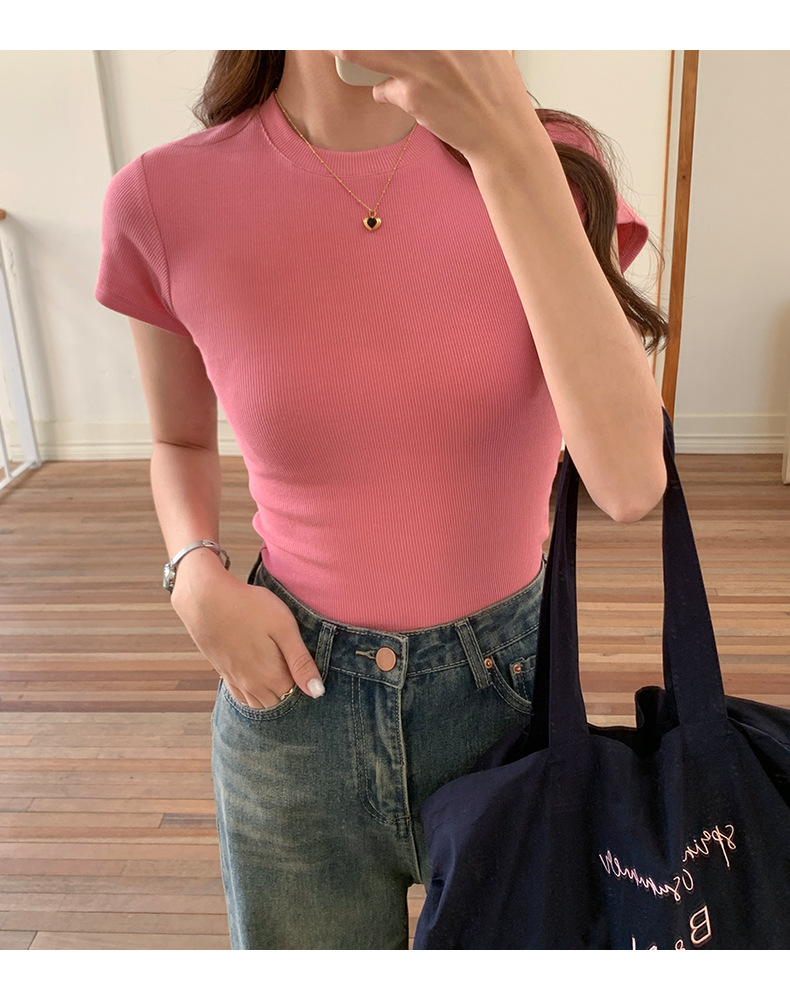 European and American style ribbed off-the-shoulder T-shirt for women, new summer style, slimming and figure-hugging, round-neck, layering short base layer pic 8