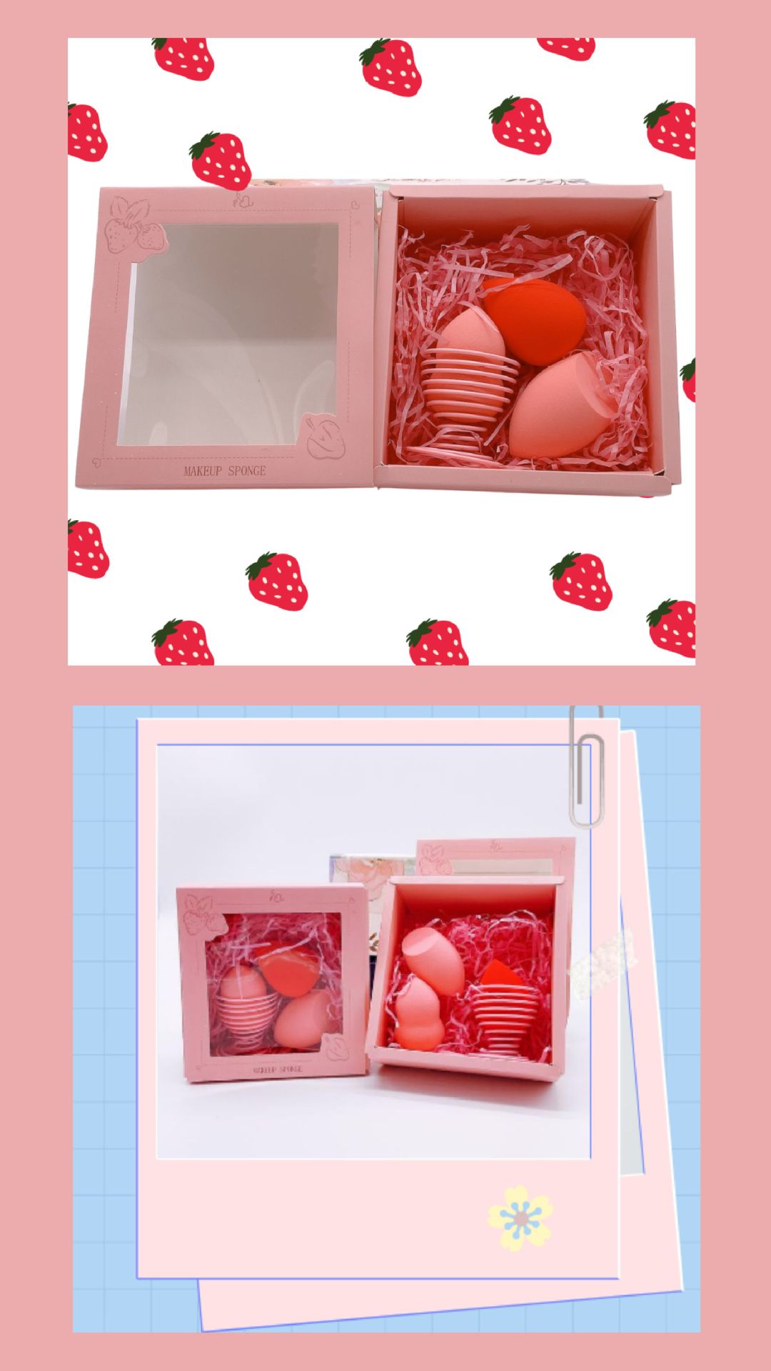 Factory direct sales strawberry pink fruit series gourd water drop diagonal Cut 3-piece beauty egg powder puff gift set pic 7