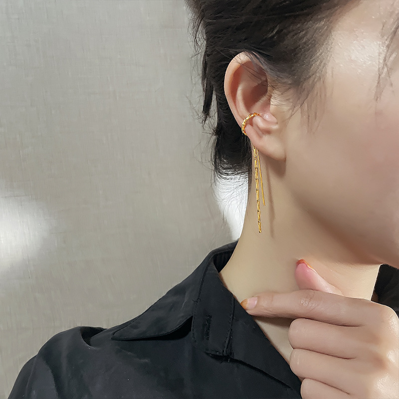 Long ear-clip-style earrings without ear piercings, simple and elegant for women, a niche European and American twisted long tassel ear-hanging bone clip pic 31