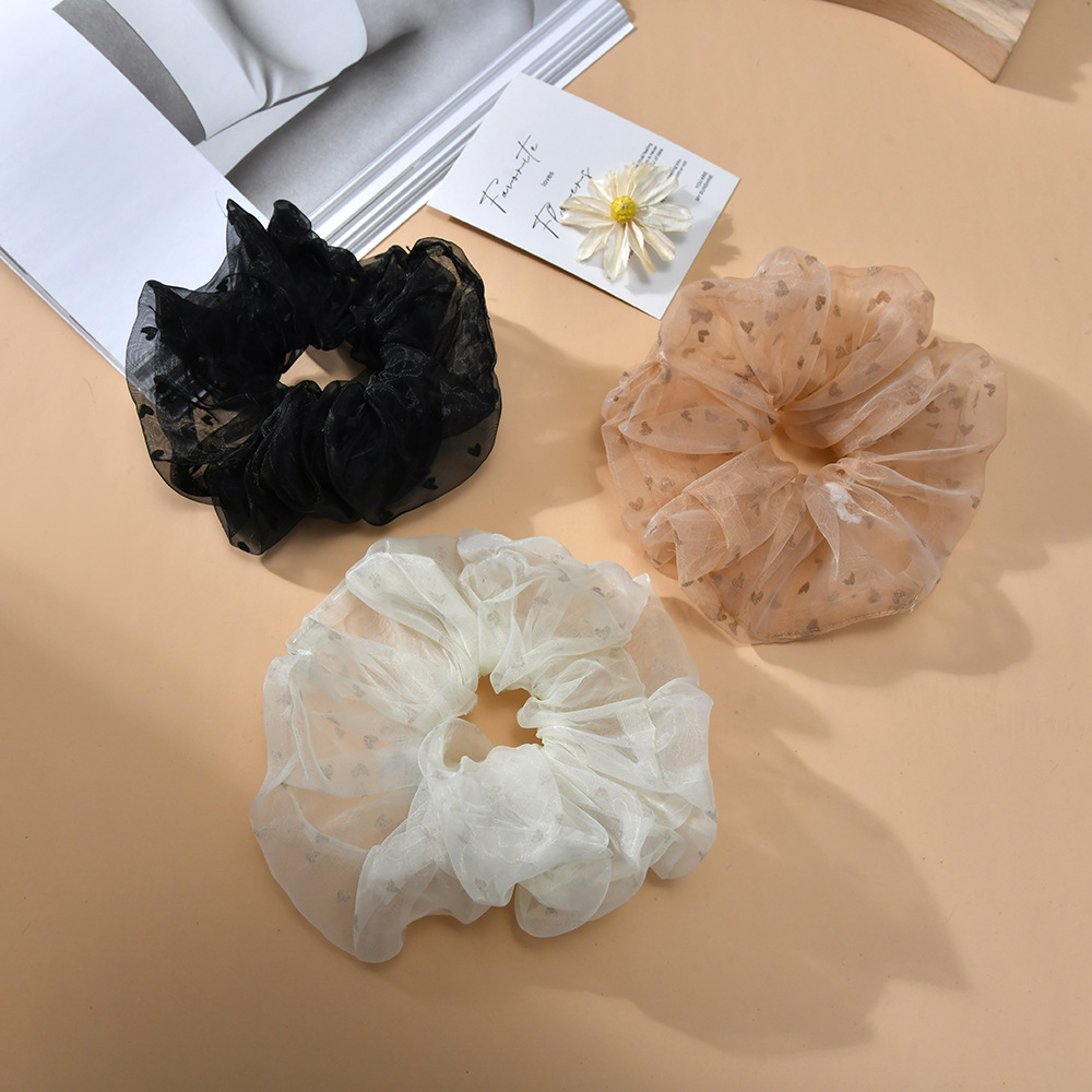 Korean style hair tie for women, summer forest-themed fairy high mesh fabric, heart-shaped flocking, versatile style, large intestine hair band manufacturer, straight hair pic 1