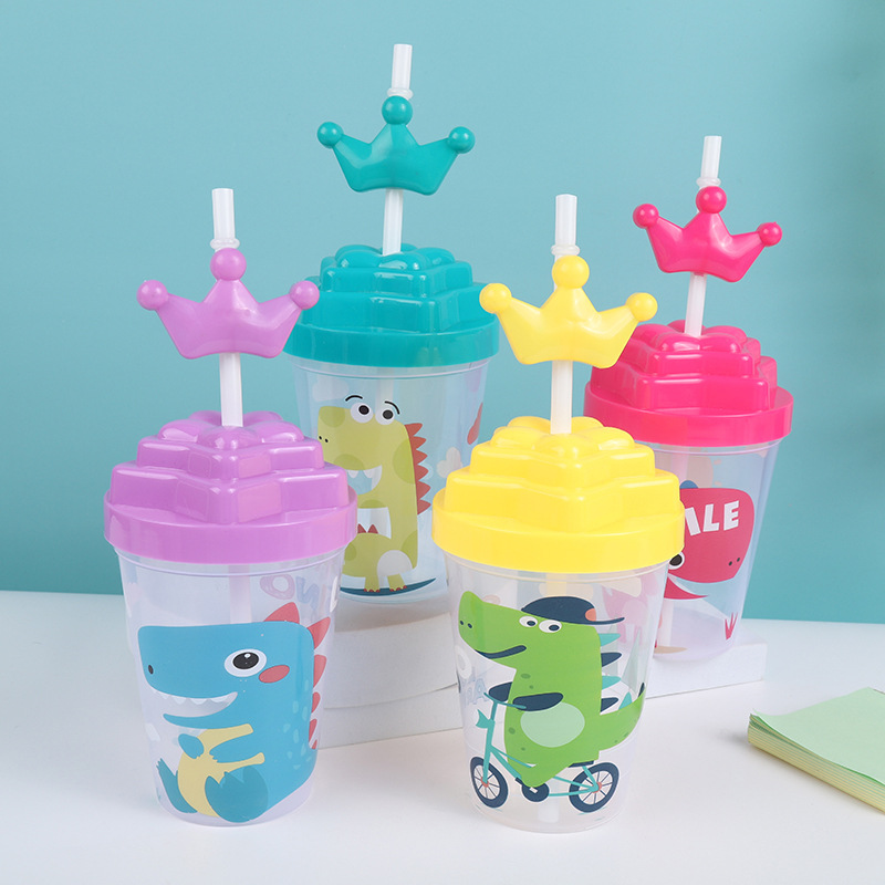 卡通恐龙图案透明PP居家日用饮料喝水吸管杯 400ml/600ml水杯直供果汁吸水杯详情9