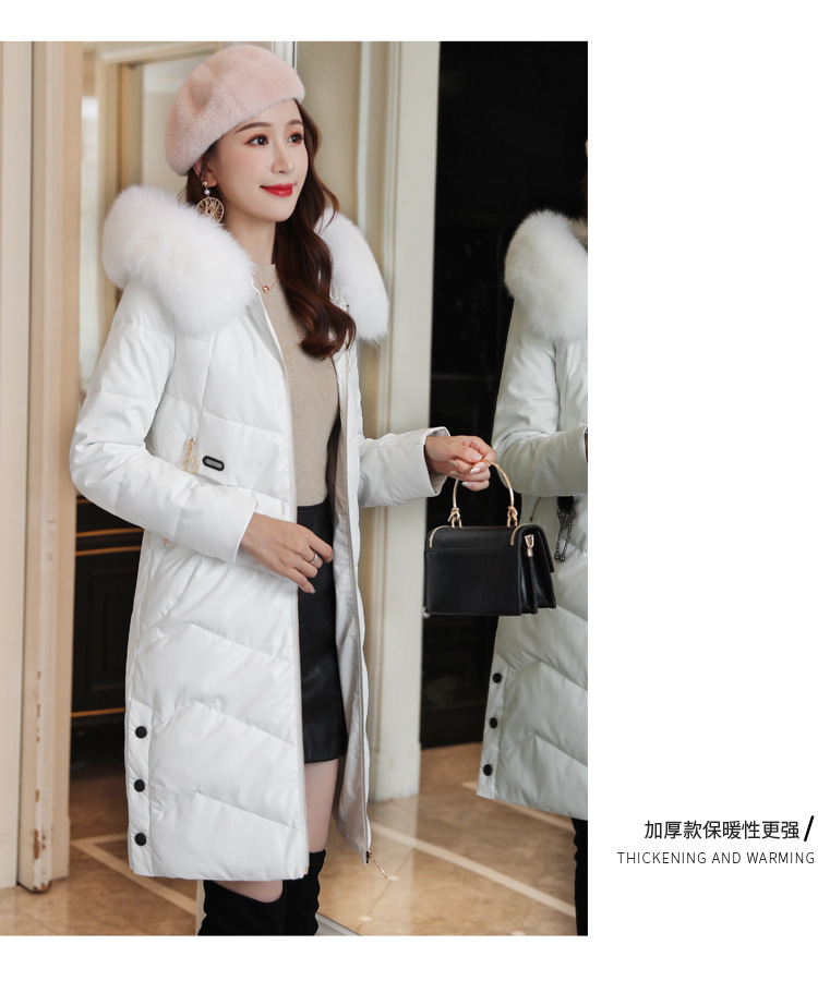 Korean winter new mid-length down cotton-padded jacket, PU leather, true fox fur collar, thickened leather coat pic 8