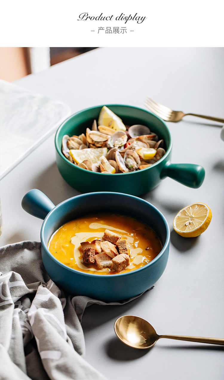 Nordic creative handle bowls, baking bowls, baked rice bowls, ceramic tableware, instant noodle bowls, Japanese handle bowls, breakfast salad bowls pic 4