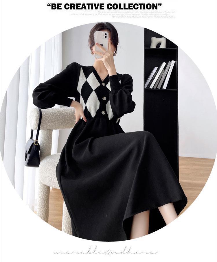 2022秋冬新款法式赫本风别致菱格v领针织拼接中长款收腰a字连衣裙详情13