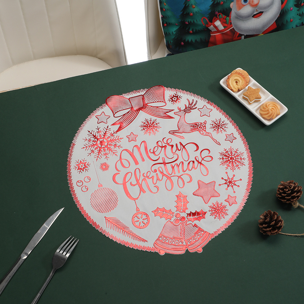 PVC gold-embossed Christmas table mat, Christmas household portable heat insulation mat, round waterproof and heat-resistant Western table mat pic 4