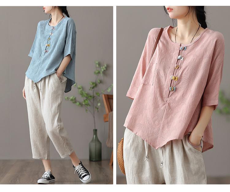 复古薄款盘扣防亚麻上衣女士夏季短袖不规则白色T恤打底棉麻衬衣详情11