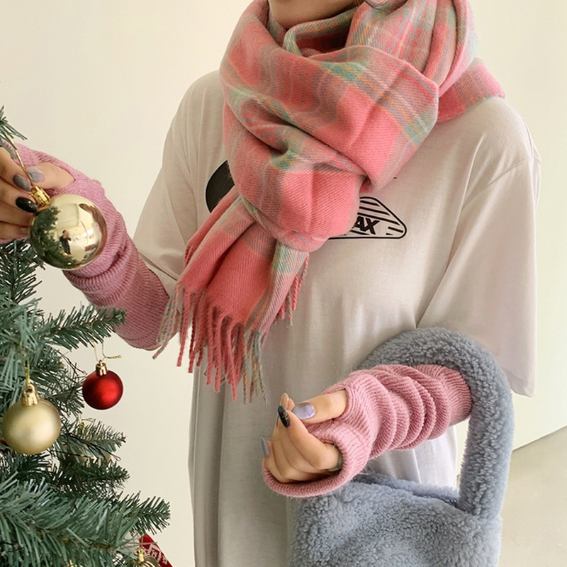 Korean style pink checkered scarf imitating cashmere winter purple scarf 2022 autumn and winter new style widened scarf shawl pic 24