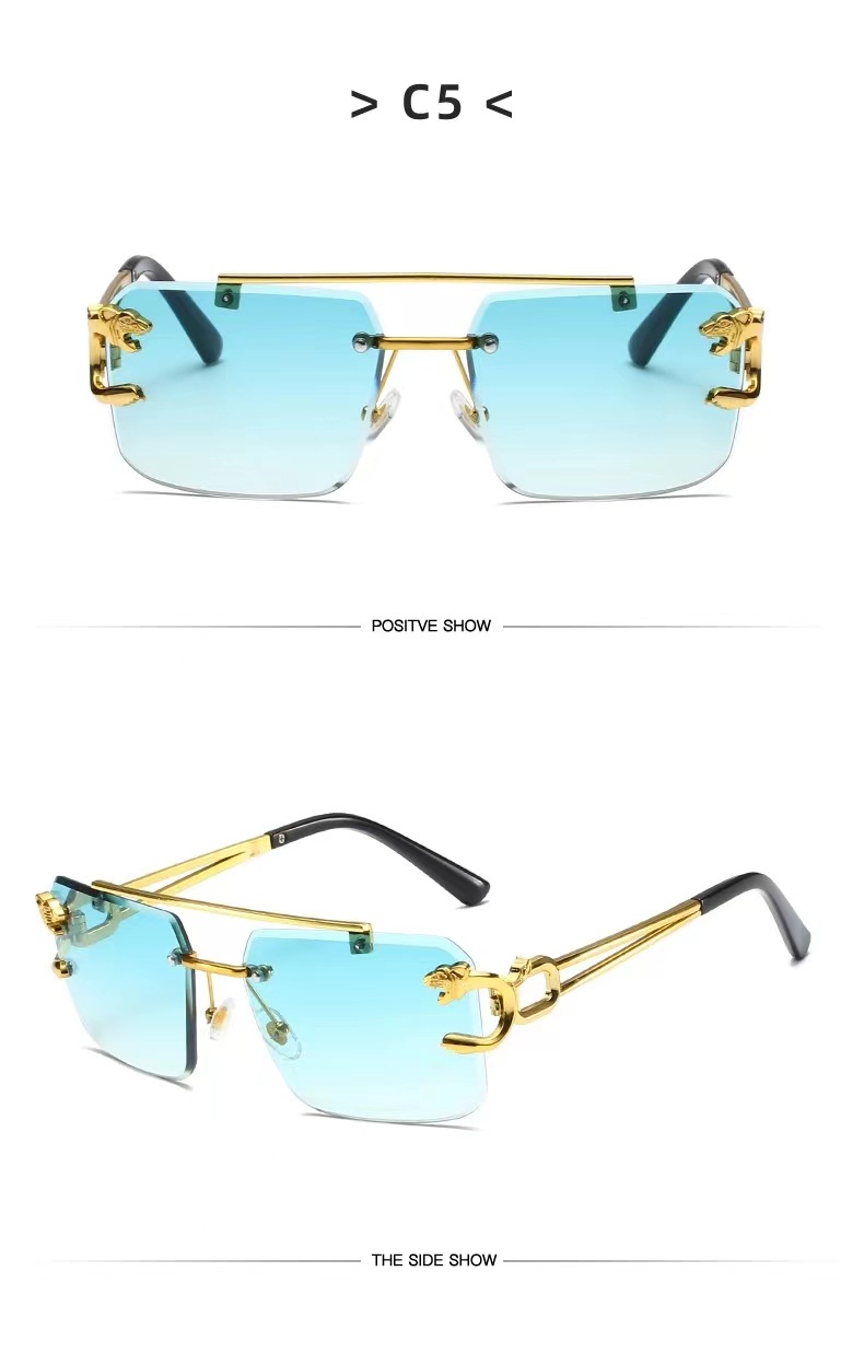 Crossover sin marco gafas de sol cabeza de leopardo moda corte de borde gafas de sol hombre temperamento mujer tendencia europea y americana influencers street raqueta gafas pic 11