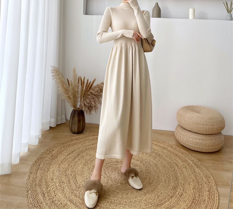 Semi-high neck mid-length elegant woolen dress, new autumn/Winter 2024 Korean-style long-sleeved base knitted dress for women pic 38