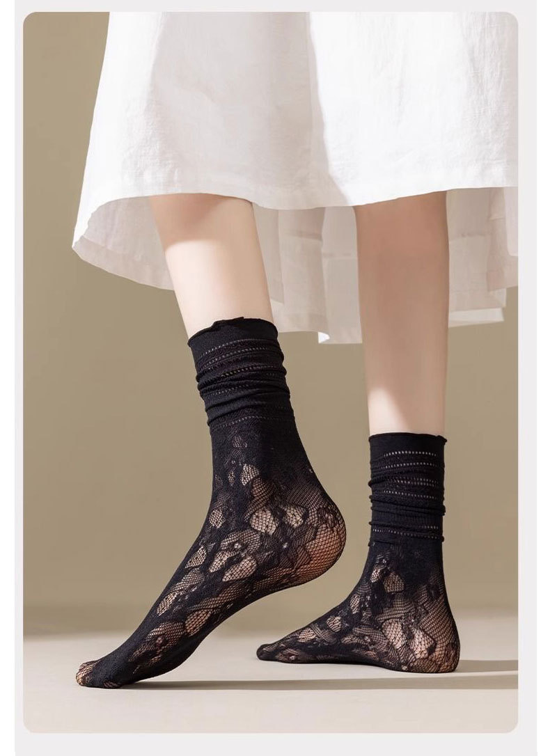 袜子女中筒袜夏季薄款透气镂空小木耳边复古长筒女士袜蕾丝堆堆袜详情18