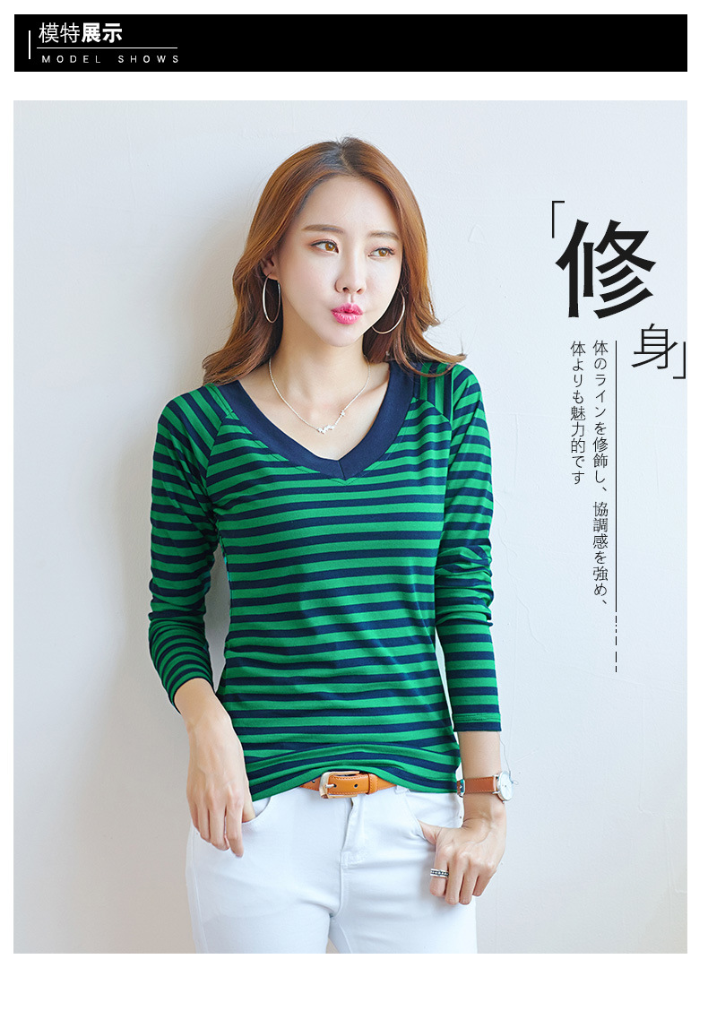 2022 Spring/Summer New Korean-style slim and slimming striped V-neck long-sleeved T-shirt for women, high-quality cotton elastic base layer pic 6