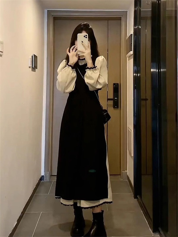 法式温柔气质黑色长袖连衣裙子女春季2024新款高级感拼接显瘦长裙详情5