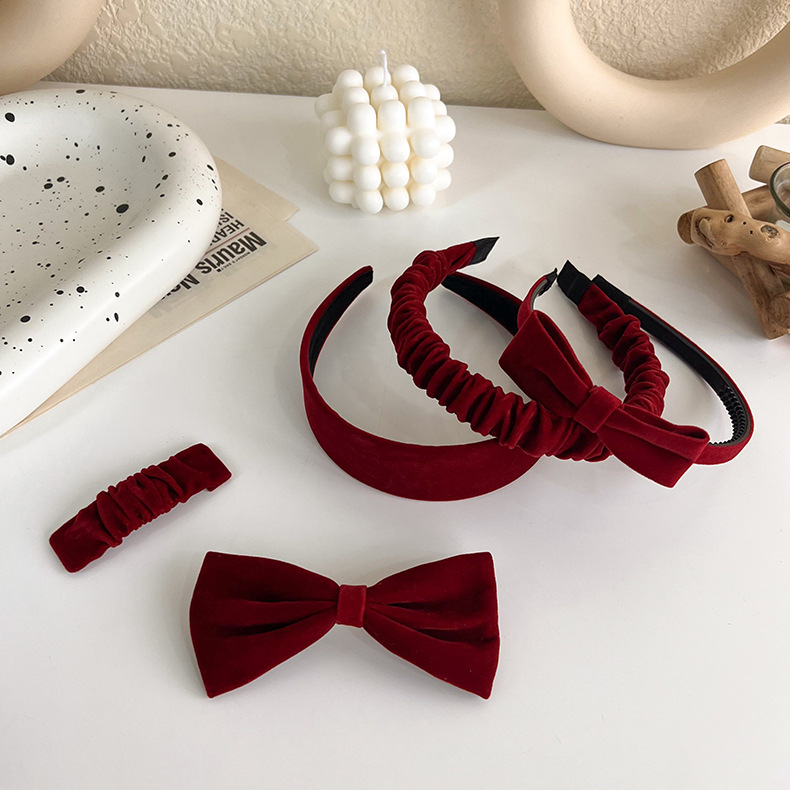 Retro velvet hairband, Japanese-style wine red bow hairpin, elegant wide-brimmed headpiece, top clip, red girlish hair accessory pic 3