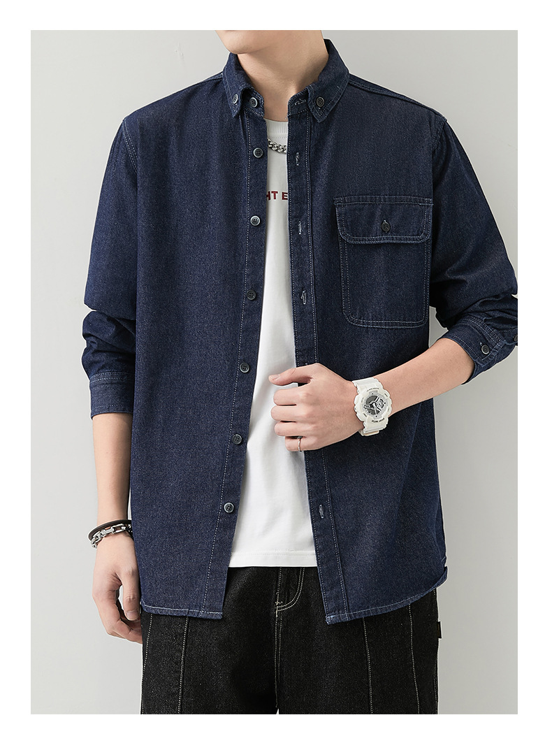 男装薄款牛仔长袖衬衫男2023春秋韩版潮流休闲纯色工装衬衣外套男详情11