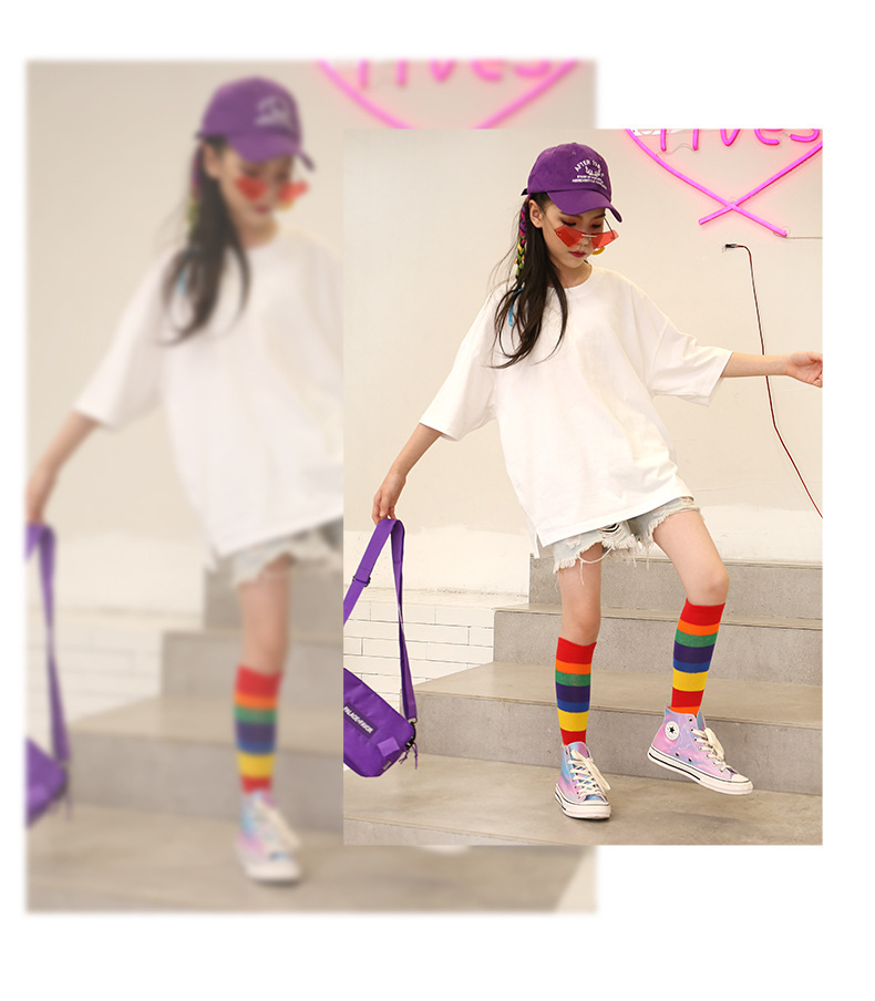 Niñas medias de tubo primavera otoño invierno rainbow cotton dance calcetines estudiante bebé sobre la rodilla calcetines niños pila pila pic 5