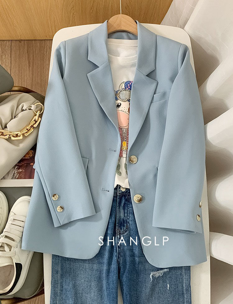 西装外套女2022春季新款韩版宽松休闲两粒扣气质浅蓝色网红小西服详情3